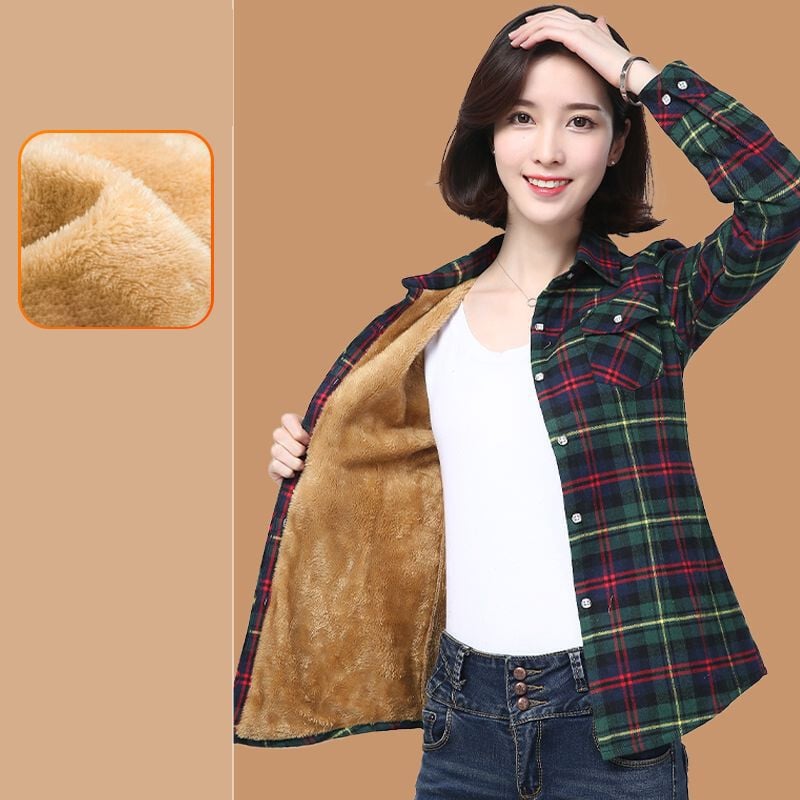 Nová zimná bunda pre ženy stredného a staršieho veku plus zamatová zahustená, chladuvzdorná kockovaná bunda s dlhým rukávom, zoštíhľujúcim pásom a teplými vrchnými dielmi