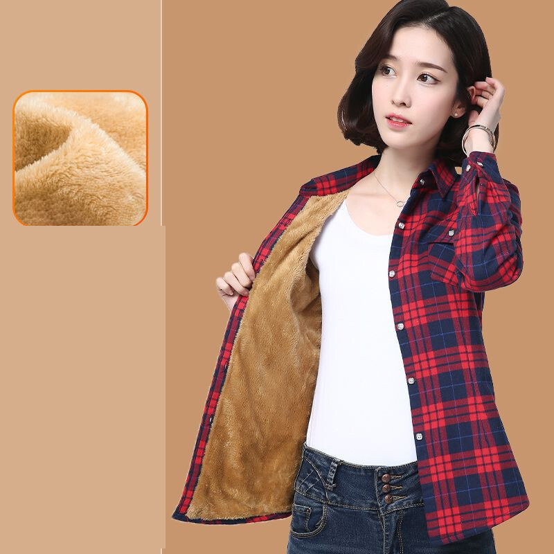 Nová zimná bunda pre ženy stredného a staršieho veku plus zamatová zahustená, chladuvzdorná kockovaná bunda s dlhým rukávom, zoštíhľujúcim pásom a teplými vrchnými dielmi