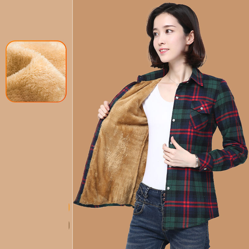 Nová zimná bunda pre ženy stredného a staršieho veku plus zamatová zahustená, chladuvzdorná kockovaná bunda s dlhým rukávom, zoštíhľujúcim pásom a teplými vrchnými dielmi
