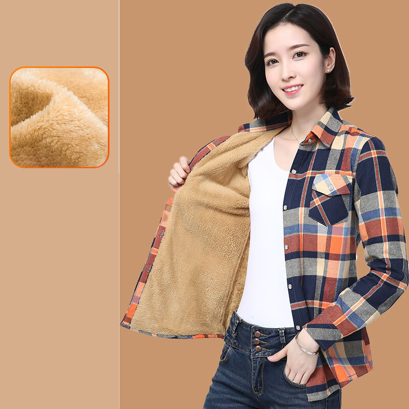 Nová zimná bunda pre ženy stredného a staršieho veku plus zamatová zahustená, chladuvzdorná kockovaná bunda s dlhým rukávom, zoštíhľujúcim pásom a teplými vrchnými dielmi