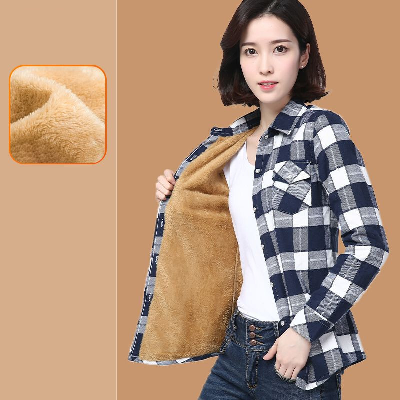 Nová zimná bunda pre ženy stredného a staršieho veku plus zamatová zahustená, chladuvzdorná kockovaná bunda s dlhým rukávom, zoštíhľujúcim pásom a teplými vrchnými dielmi