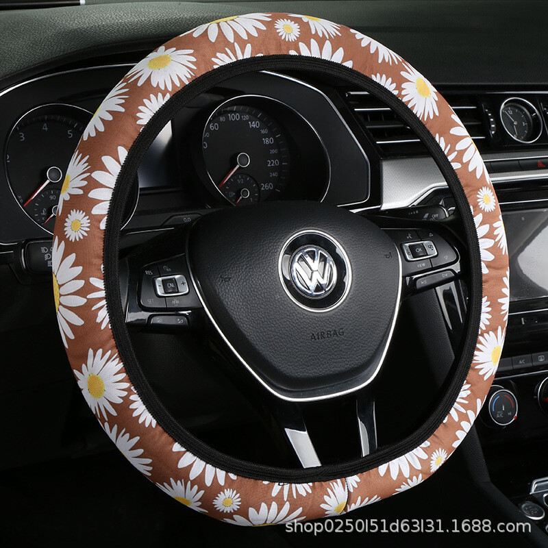Калъф за волан с принт на маргаритки за всички сезони, неплъзгащ се, абсорбиращ потта, устойчив на замърсяване, еластичен, без вътрешен пръстен, капак за кормилото на автомобила