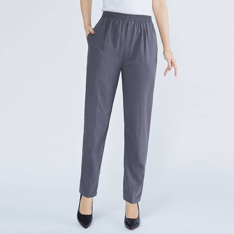 Нови летни тънки едноцветни панталони от черна коприна за средна възраст и в напреднала възраст, широки свободни големи размери, ежедневни ледени копринени панталони с девет точки