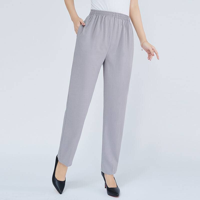 Нови летни тънки едноцветни панталони от черна коприна за средна възраст и в напреднала възраст, широки свободни големи размери, ежедневни ледени копринени панталони с девет точки