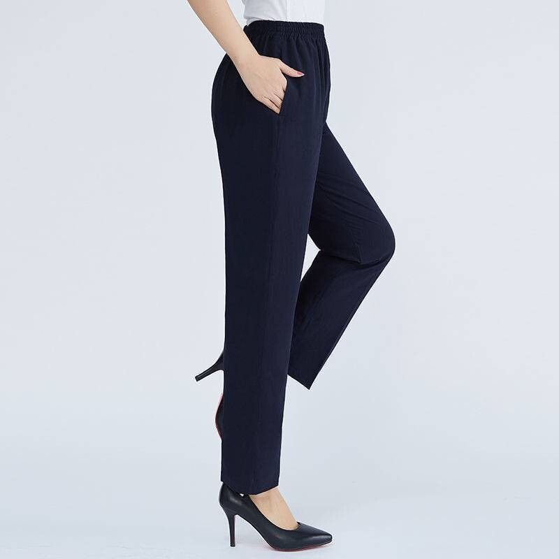 Нови летни тънки едноцветни панталони от черна коприна за средна възраст и в напреднала възраст, широки свободни големи размери, ежедневни ледени копринени панталони с девет точки