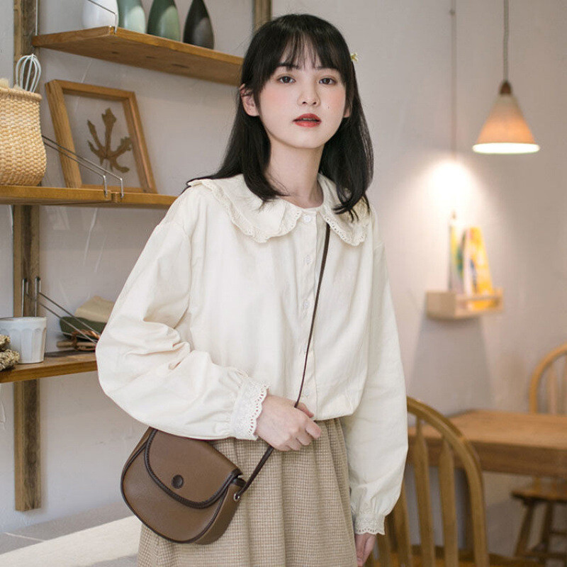 Риза с дълги ръкави с яка за японска сладка кукла в колежански стил за жени през пролетта и есента, тенденция за малки ретро френски шик топове