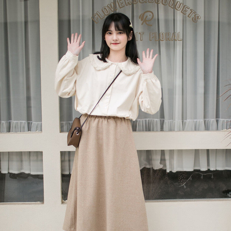 Риза с дълги ръкави с яка за японска сладка кукла в колежански стил за жени през пролетта и есента, тенденция за малки ретро френски шик топове
