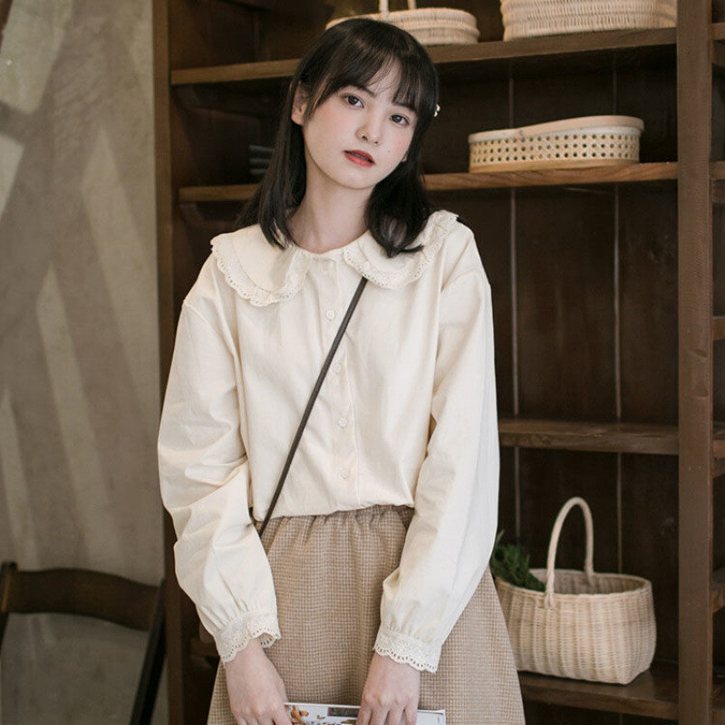Риза с дълги ръкави с яка за японска сладка кукла в колежански стил за жени през пролетта и есента, тенденция за малки ретро френски шик топове