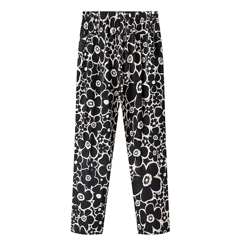 Летни тънки панталони на цветя на мама, големи размери, панталони с девет точки за средна възраст и възрастни, дамски големи размери, големи свободни еластични прави стил