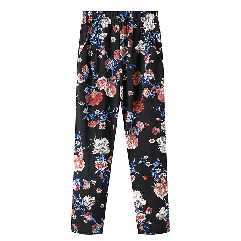 Летни тънки панталони на цветя на мама, големи размери, панталони с девет точки за средна възраст и възрастни, дамски големи размери, големи свободни еластични прави стил