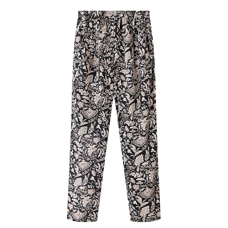 Летни тънки панталони на цветя на мама, големи размери, панталони с девет точки за средна възраст и възрастни, дамски големи размери, големи свободни еластични прави стил