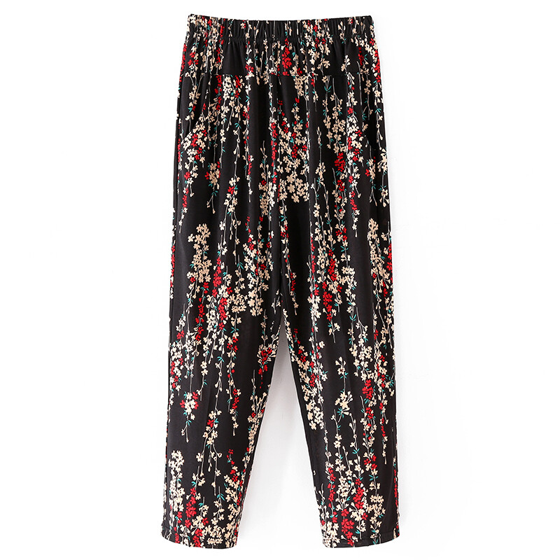 Летни тънки панталони на цветя на мама, големи размери, панталони с девет точки за средна възраст и възрастни, дамски големи размери, големи свободни еластични прави стил