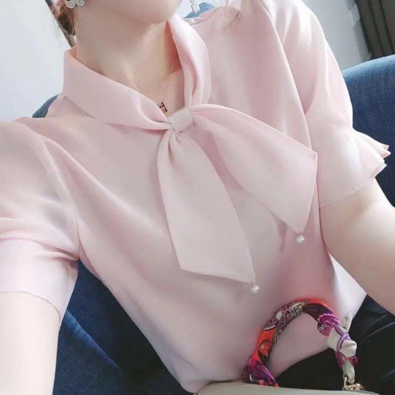 2024 лято нова шифонена риза дамски дизайн ниша темперамент едноцветна риза с къси ръкави и буф ръкав