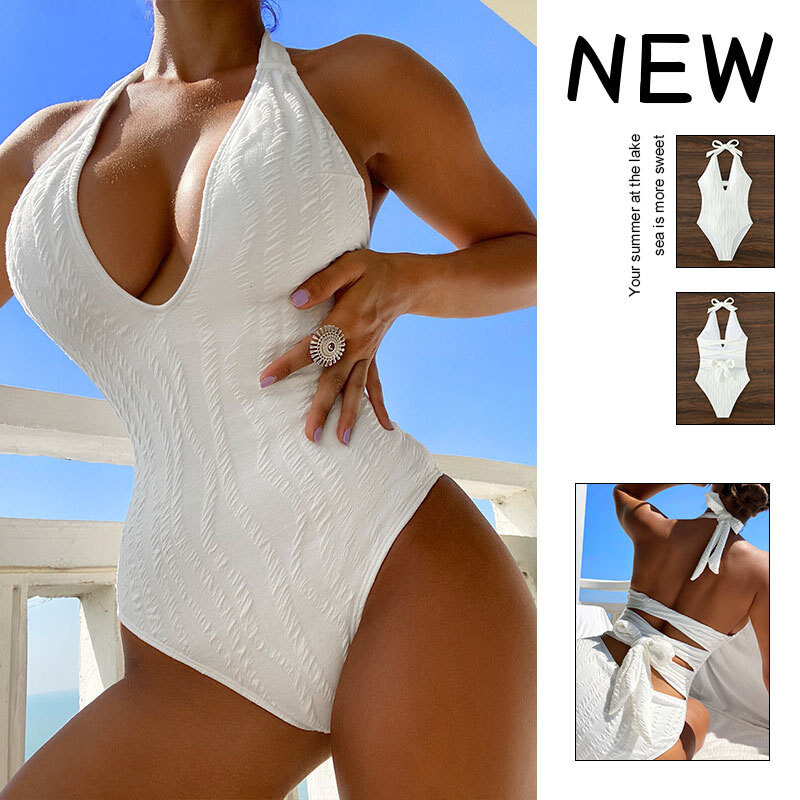 2024 Нов едноцветен бански костюм с деколте с оглавник с V-образно деколте Европейски и американски секси бански бикини, покриващи корема
