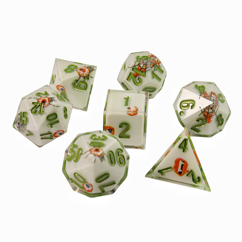 Tieši no ražotāja, caurspīdīgs kauliņu maisiņš, kauliņš ar drukātu logo, asi stūri, 7-daļīgs sveķu DND kauliņu komplekts, akrila kauliņi