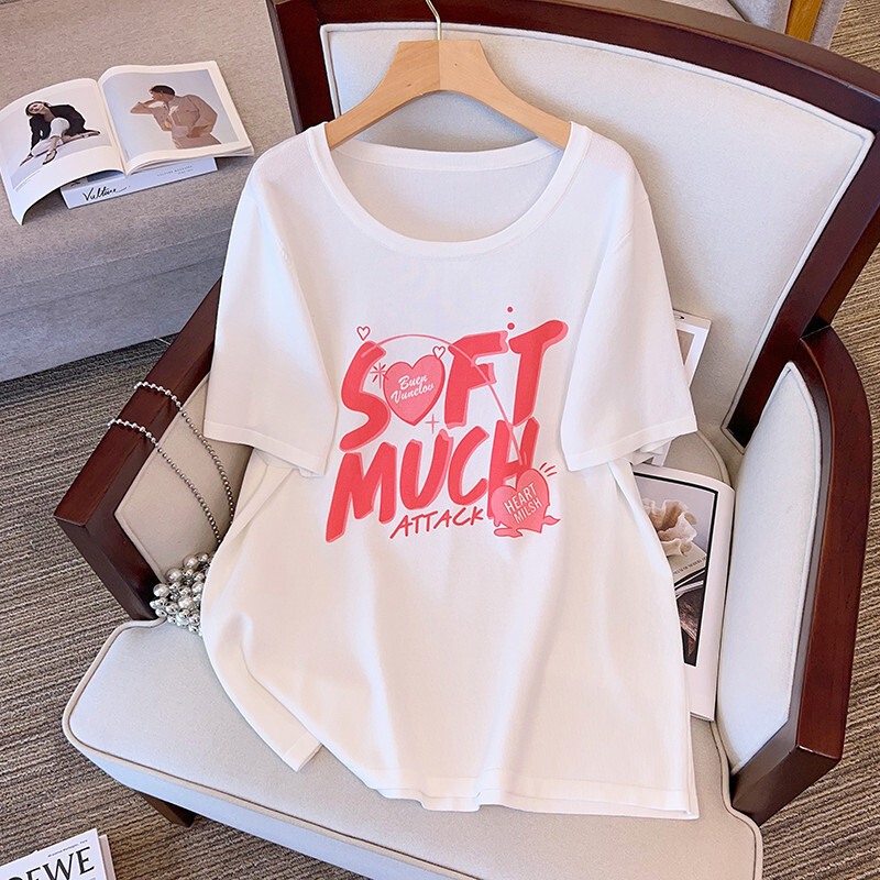 Големи размери дамско лятно облекло ледено копринено плетено горнище дебело момиче тънка тениска 200/300 catties с къс ръкав 8555