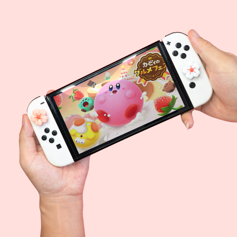 Nintendo Switch oled roktura kursorsviras vāciņš Kursorsviras vāciņa vāciņš rozā un balts silikona vāciņš īpašas formas ķiršu krāsa ns pogas vāciņš
