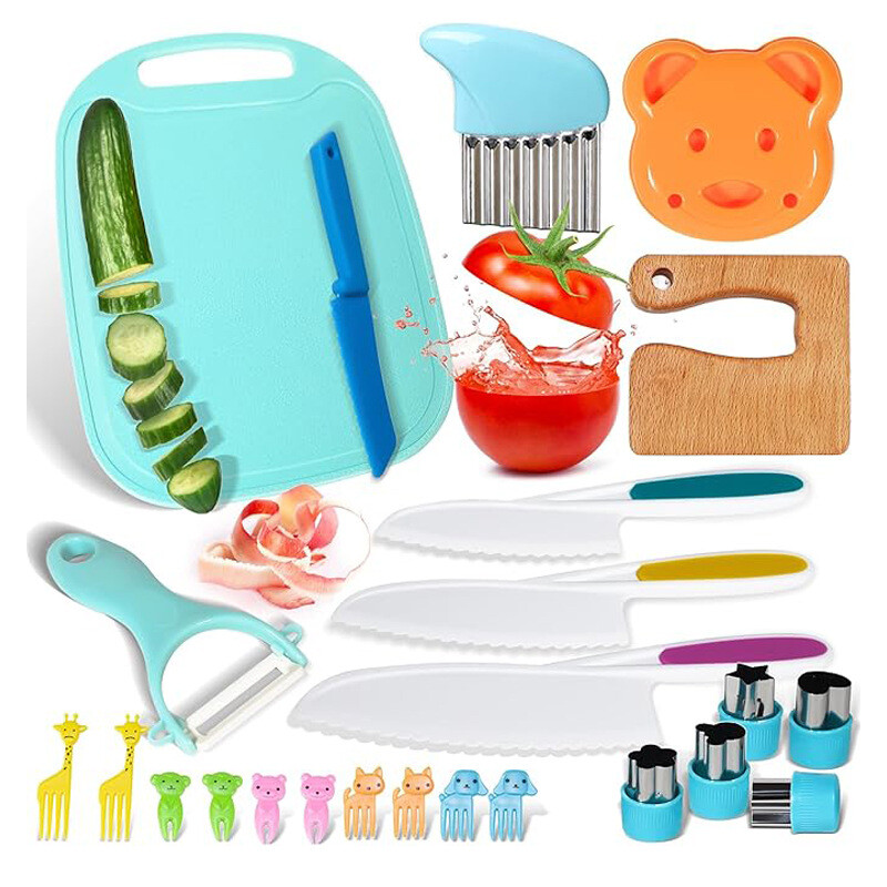 Geriausiai parduodamas vaikiškas virtuvės komplektas su vaikų lavinimu, pjaustymo lenta, dantytas vaisių peilis, rankiniai pagalbiniai maisto įrankiai, apsaugantys nuo pjovimo
