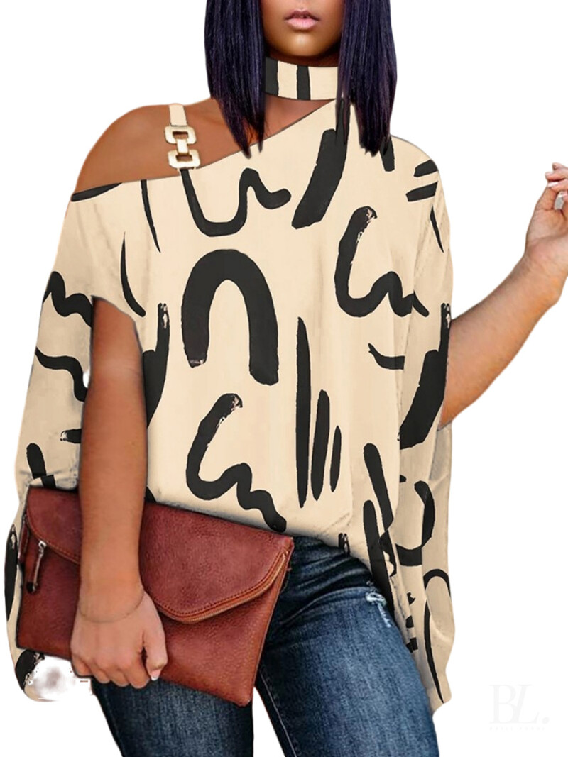 Европейски и американски дамски дрехи с големи размери 2023 лято нова тениска с коси рамена и деколте с къси ръкави 