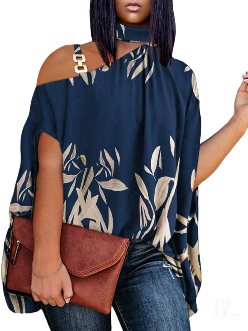 Европейски и американски дамски дрехи с големи размери 2023 лято нова тениска с коси рамена и деколте с къси ръкави 