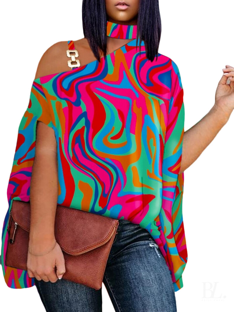 Европейски и американски дамски дрехи с големи размери 2023 лято нова тениска с коси рамена и деколте с къси ръкави 