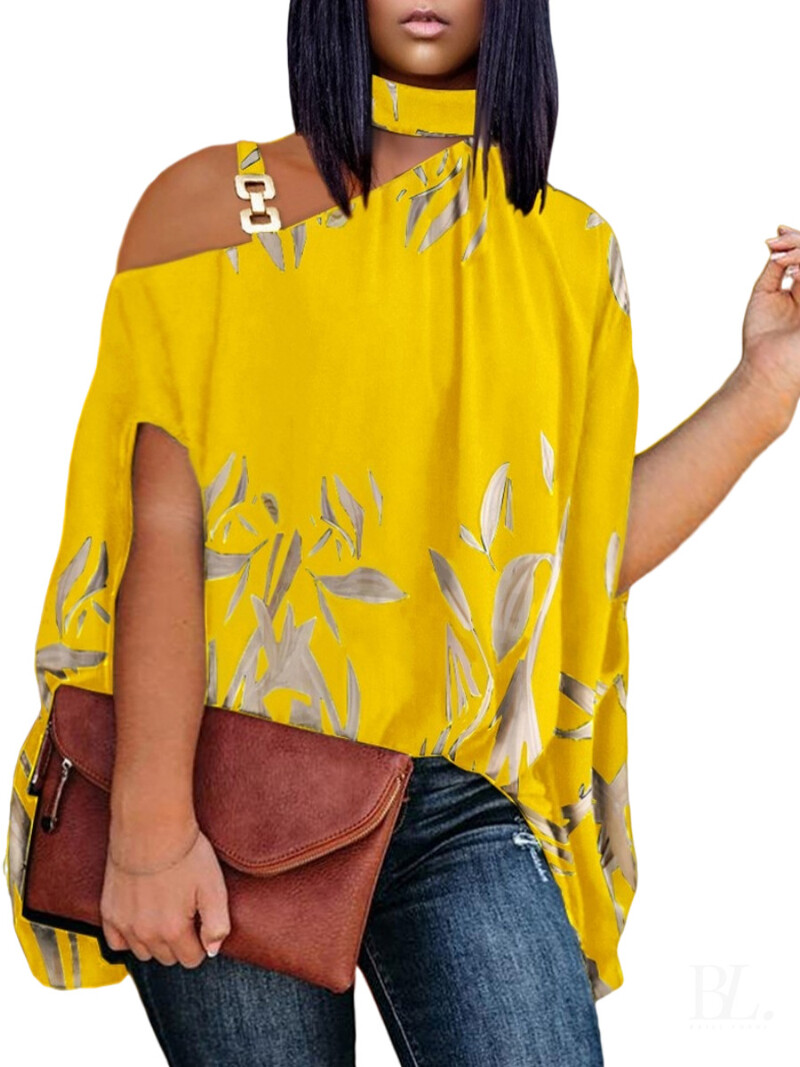 Европейски и американски дамски дрехи с големи размери 2023 лято нова тениска с коси рамена и деколте с къси ръкави 