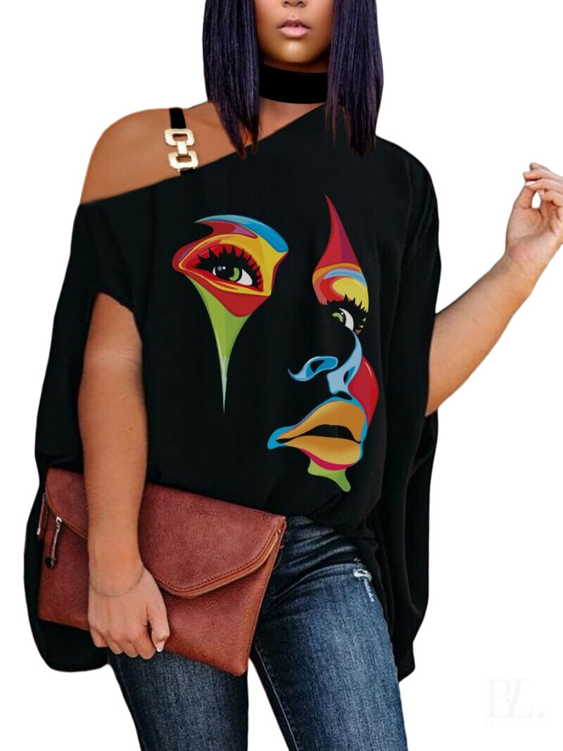 Европейски и американски дамски дрехи с големи размери 2023 лято нова тениска с коси рамена и деколте с къси ръкави 