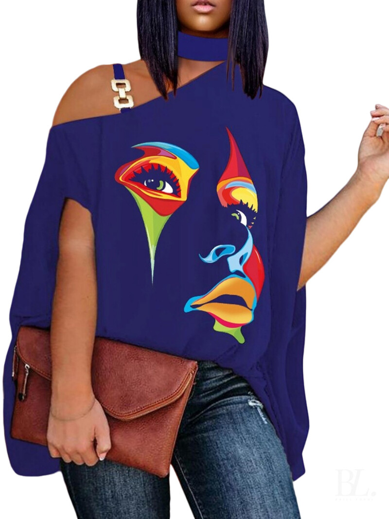 Европейски и американски дамски дрехи с големи размери 2023 лято нова тениска с коси рамена и деколте с къси ръкави 