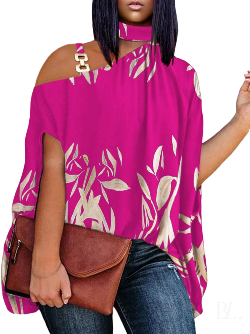 Европейски и американски дамски дрехи с големи размери 2023 лято нова тениска с коси рамена и деколте с къси ръкави 