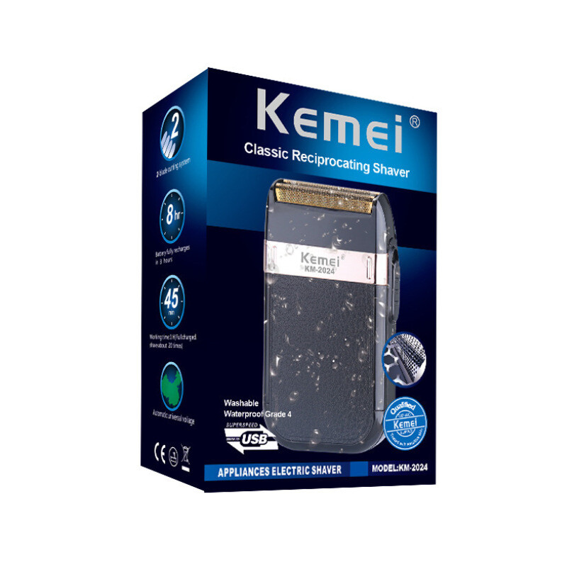 Kemei KM-2024 naujas tarpvalstybinis USB įkrovimas abipusis dvigubo tinklelio skustuvas aukso ir sidabro ašmenų tinklelio viso kūno ploviklis