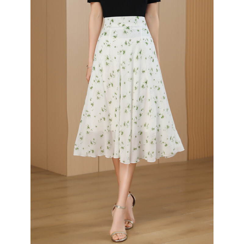 Свежа шифонена пола на цветя, дамска пола със средна дължина лято 2025, нов стил, покриваща ханша, малка пола с щампа с чадър