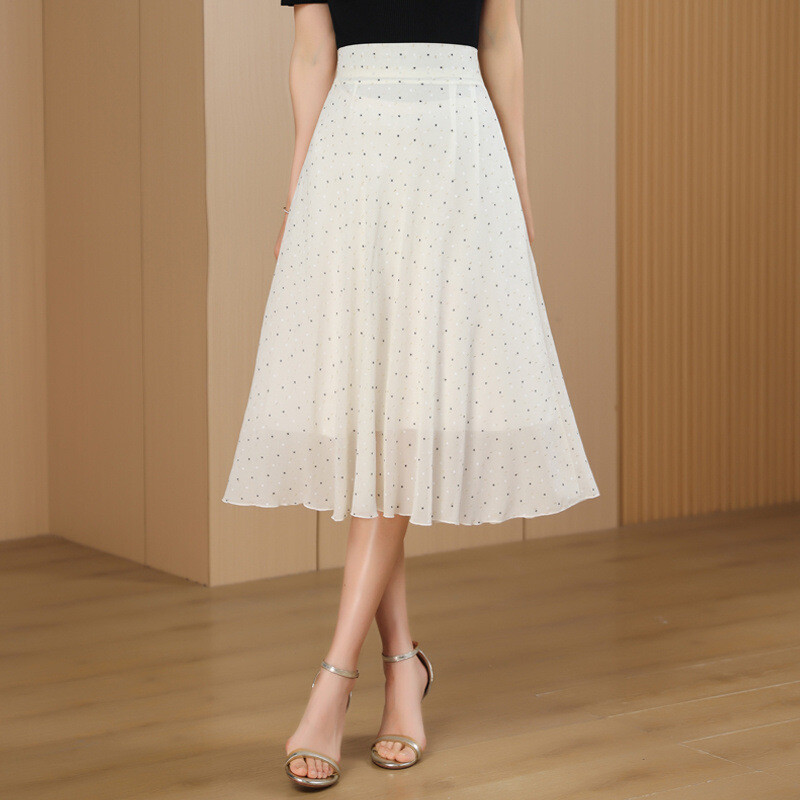 Свежа шифонена пола на цветя, дамска пола със средна дължина лято 2025, нов стил, покриваща ханша, малка пола с щампа с чадър