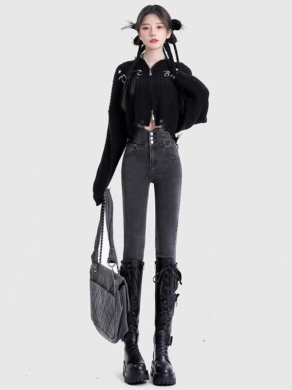 Blugi negri skinny cu talie înaltă femei primăvară 2025 noi pantaloni americani elastici creion ridicare șold