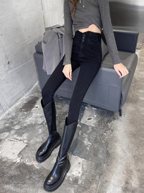 Aukšto juosmens siauri juodi džinsai, moteriški 2025 m. pavasaris, naujos amerikietiškos elastinės pieštuko kelnės, pakeliančios klubus