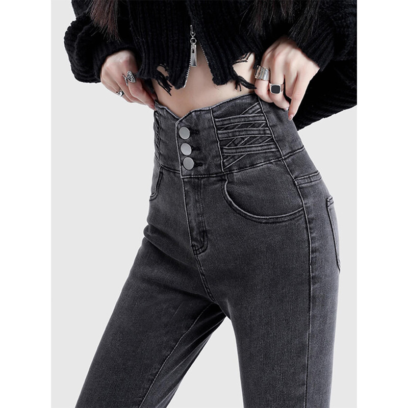 Aukšto juosmens siauri juodi džinsai, moteriški 2025 m. pavasaris, naujos amerikietiškos elastinės pieštuko kelnės, pakeliančios klubus