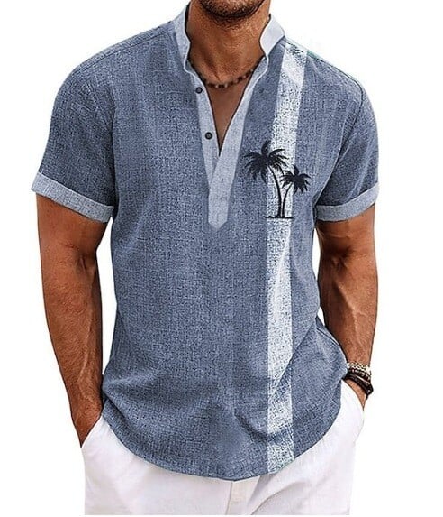 Моден дизайн, мъжка риза с къси ръкави и изправена яка, семпла риза с 3D дигитален печат, мода в старинен стил, популярна