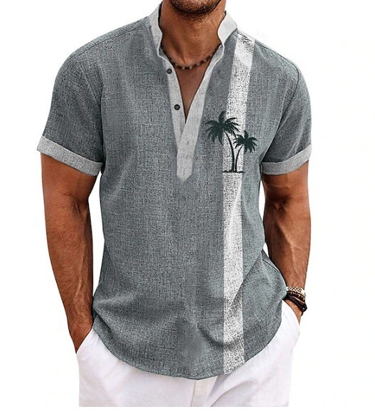 Моден дизайн, мъжка риза с къси ръкави и изправена яка, семпла риза с 3D дигитален печат, мода в старинен стил, популярна