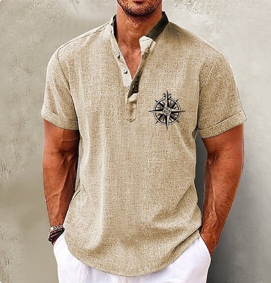 Моден дизайн, мъжка риза с къси ръкави и изправена яка, семпла риза с 3D дигитален печат, мода в старинен стил, популярна