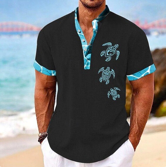 Моден дизайн, мъжка риза с къси ръкави и изправена яка, семпла риза с 3D дигитален печат, мода в старинен стил, популярна