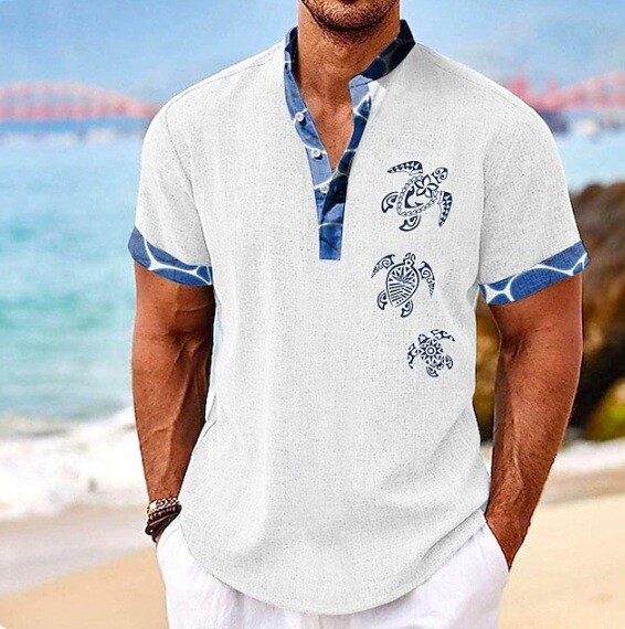 Моден дизайн, мъжка риза с къси ръкави и изправена яка, семпла риза с 3D дигитален печат, мода в старинен стил, популярна