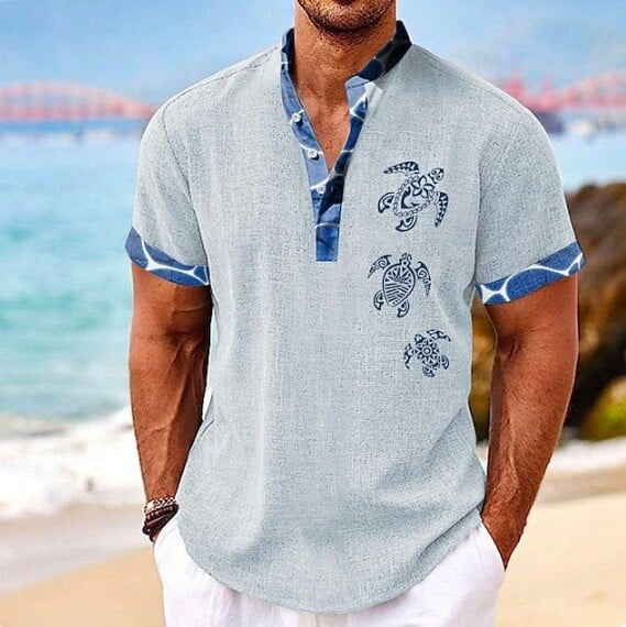 Моден дизайн, мъжка риза с къси ръкави и изправена яка, семпла риза с 3D дигитален печат, мода в старинен стил, популярна