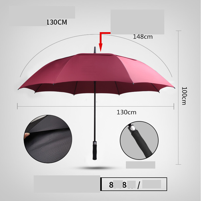 Lietussargs ar garu rokturi Izliekts rokturis Liela izmēra Palielināts Pastiprināts Biezināts Izturīgs Reklāma Melns Lietussargs Stiprs Lietus Pielāgots Logo