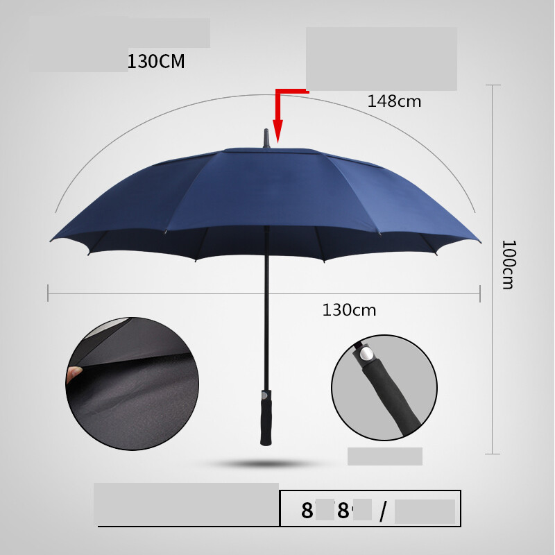 Lietussargs ar garu rokturi Izliekts rokturis Liela izmēra Palielināts Pastiprināts Biezināts Izturīgs Reklāma Melns Lietussargs Stiprs Lietus Pielāgots Logo