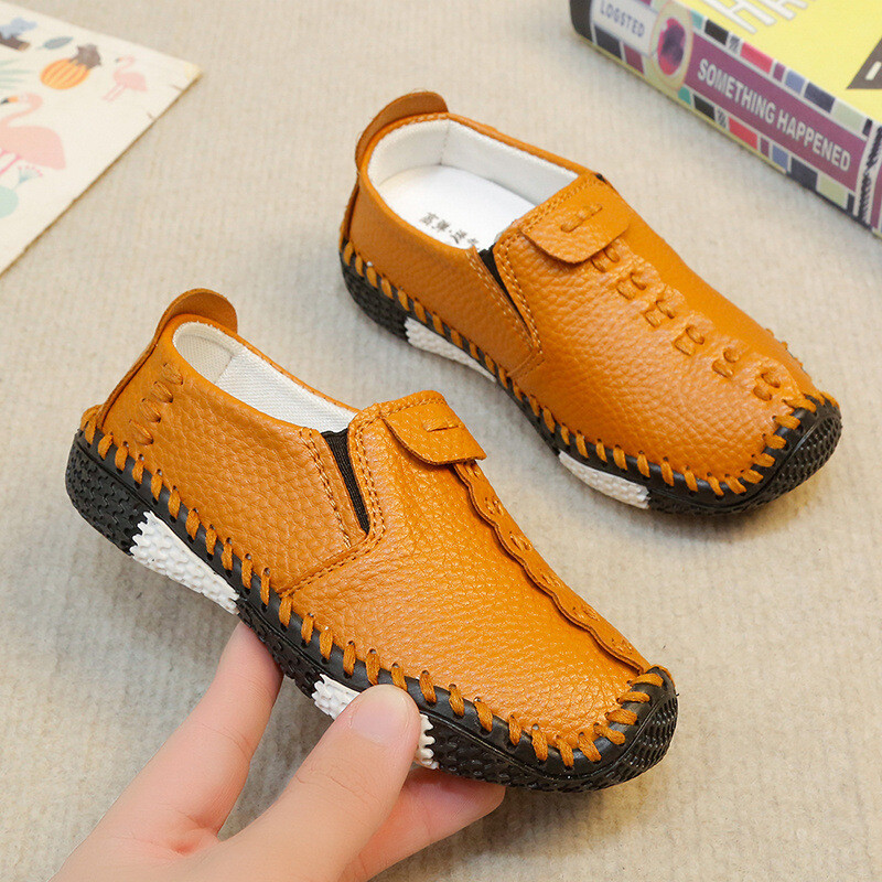 Детски ръчно тъкани обувки нови пролетни и есенни стилове за момчета и момичета популярни неплъзгащи се зимни дишащи кожени обувки с мека подметка