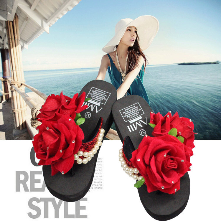 Оригинални Направи си сам ръчно изработени чехли с цветя, секси перлени кристали, розови цветя, джапанки на платформа