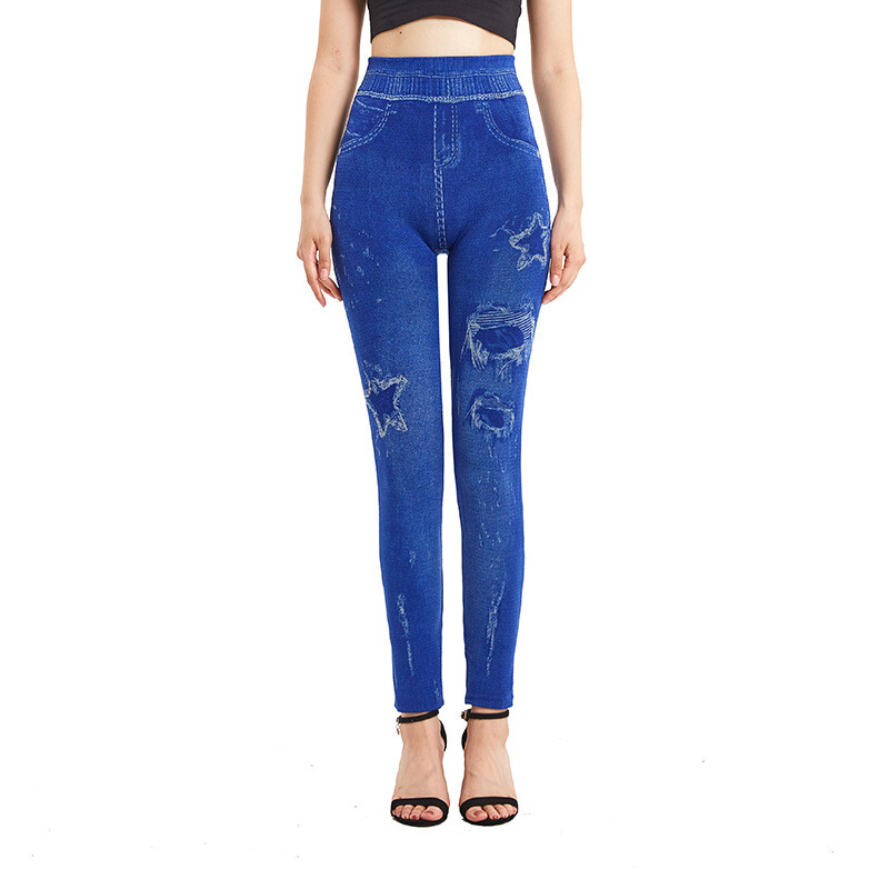 Есен и зима 2022 г. Имитация на дънкови клинове Дамски еластични стегнати безшевни петцветни щампи с пет лъча звезда Горно облекло Панталони с девет точки