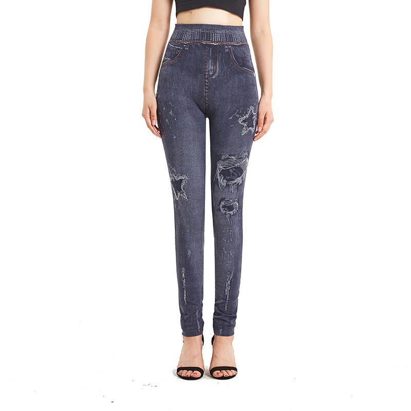 Есен и зима 2022 г. Имитация на дънкови клинове Дамски еластични стегнати безшевни петцветни щампи с пет лъча звезда Горно облекло Панталони с девет точки