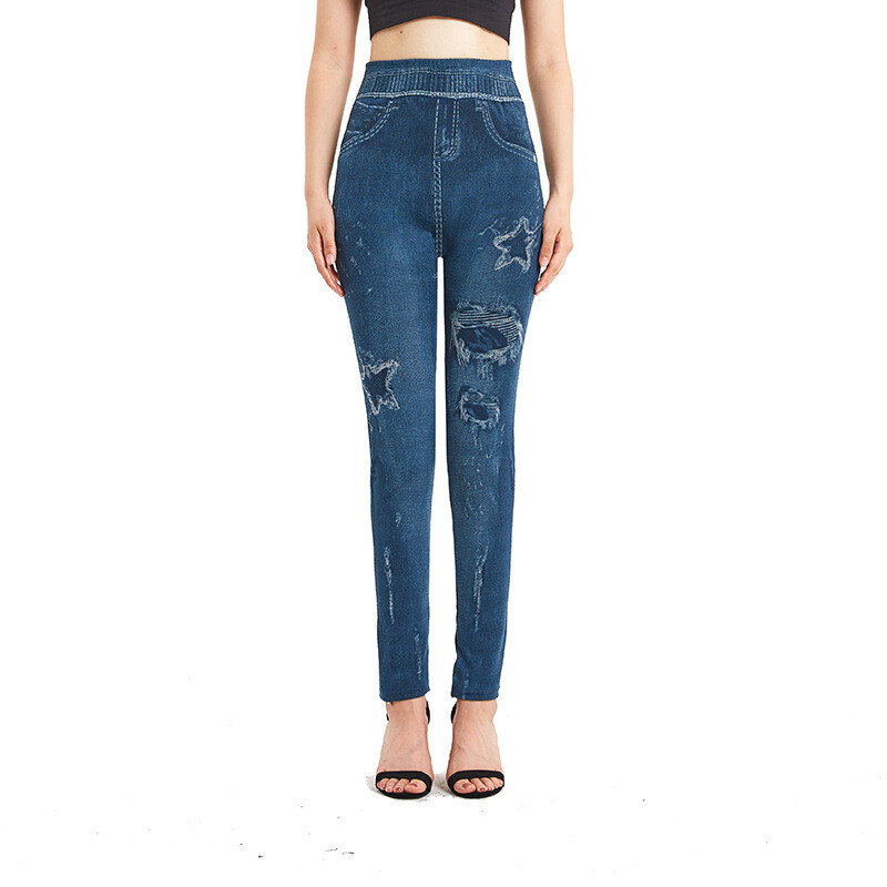 Есен и зима 2022 г. Имитация на дънкови клинове Дамски еластични стегнати безшевни петцветни щампи с пет лъча звезда Горно облекло Панталони с девет точки