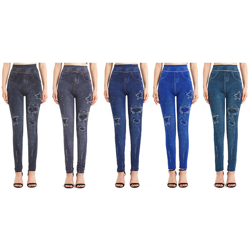 Есен и зима 2022 г. Имитация на дънкови клинове Дамски еластични стегнати безшевни петцветни щампи с пет лъча звезда Горно облекло Панталони с девет точки