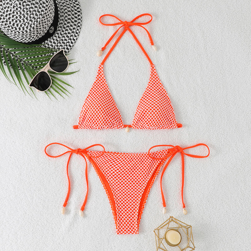 2025 нов трансграничен бански костюм плътен цвят мрежести секси кухи европейски и американски бикини от две части външнотърговска украса на черупка